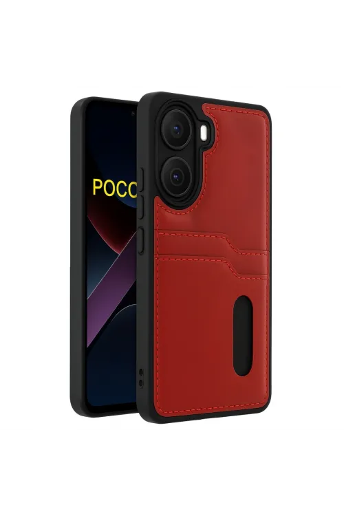 Xiaomi Poco X7 Pro Kılıf Sara Kartvizitli Deri Kılıf - Kırmızı