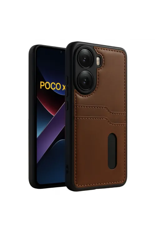 Xiaomi Poco X7 Pro Kılıf Sara Kartvizitli Deri Kılıf - Taba