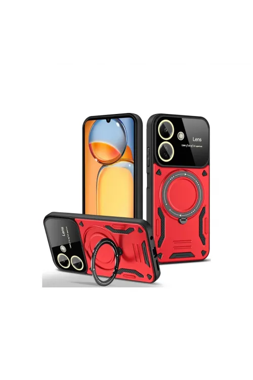 Xiaomi Redmi 13c Kılıf Joy Lens Standlı Kapak - Kırmızı