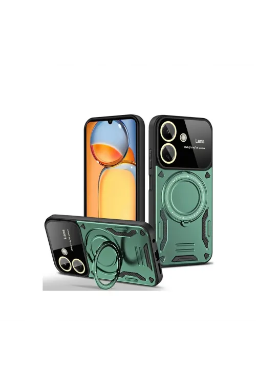 Xiaomi Redmi 13c Kılıf Joy Lens Standlı Kapak - Koyu Yeşil