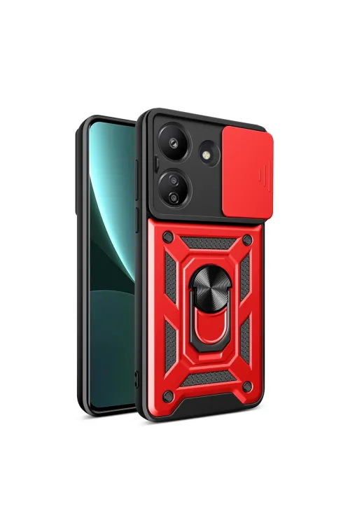 Xiaomi Redmi 13c Kılıf Pars Lens Yüzüklü Silikon - Kırmızı