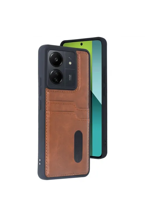 Xiaomi Redmi 13c Kılıf Sara Kartvizitli Deri Kılıf - Taba