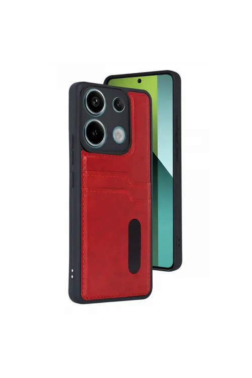 Xiaomi Redmi 15c 4g Sara Kartvizitli Deri Kılıf - Kırmızı