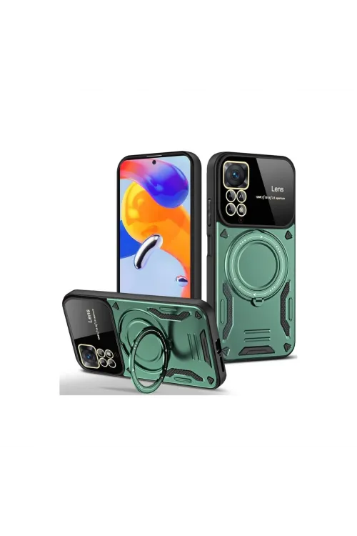 Xiaomi Redmi Note 11 Pro Kılıf Joy Lens Standlı Kapak - Koyu Yeşil