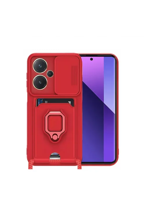 Xiaomi Redmi Note 13 Pro Plus Kılıf Zuma Kartvizitli Yüzüklü Silikon - Kırmızı