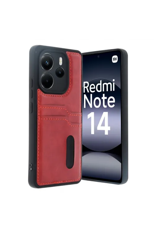 Xiaomi Redmi Note 14 4g Kılıf Sara Kartvizitli Deri Kılıf - Kırmızı