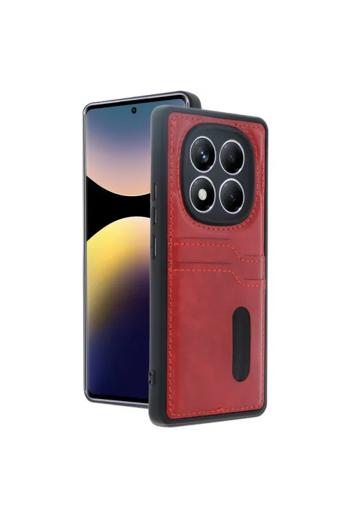 Xiaomi Redmi Note 14 Pro 5g Kılıf Sara Kartvizitli Deri Kılıf - Kırmızı