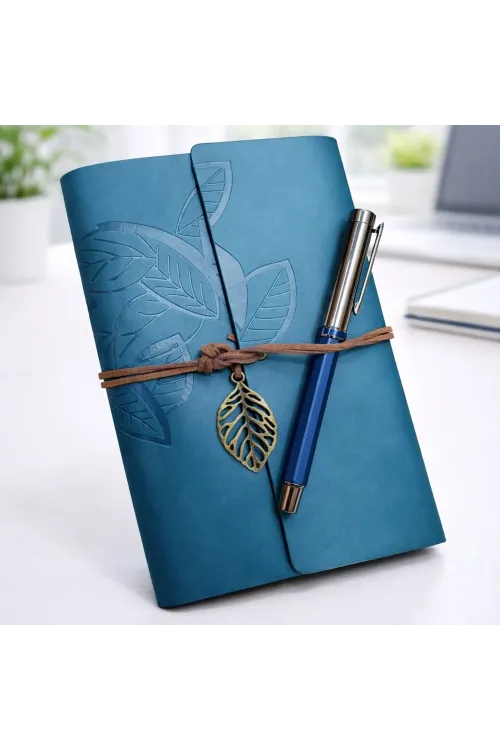Yaprak Desenli Deri Defter Ve Lacivert Metal Roller Kalem Seti