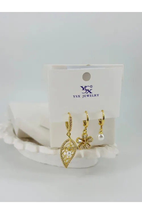 Yaprak Detaylı Üçlü Kombin Küpe - Kp00531