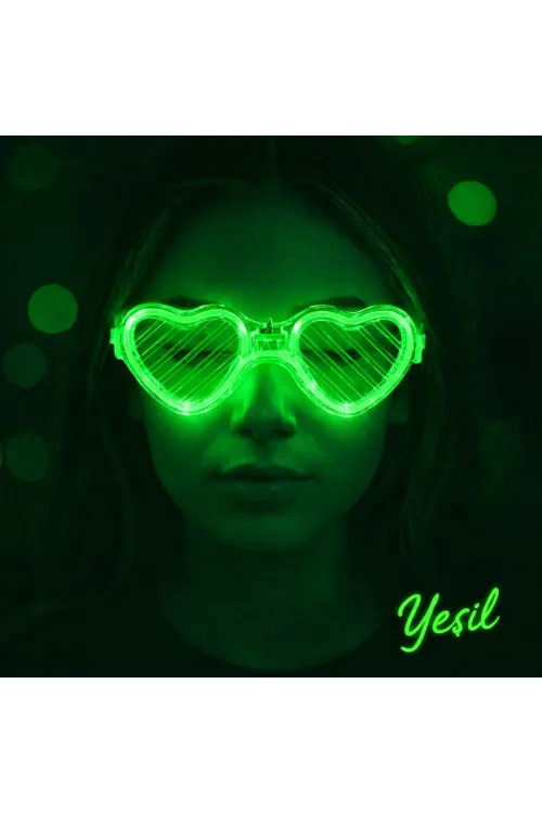 Yeşil LED Işıklı Kalp Gözlük – 3 Modlu Parti & Glow Gözlüğü