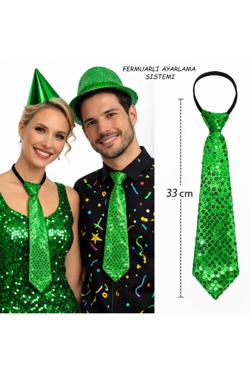 Yeşil Renk Pul Payetli Işıltılı Parti Kravatı 33 cm