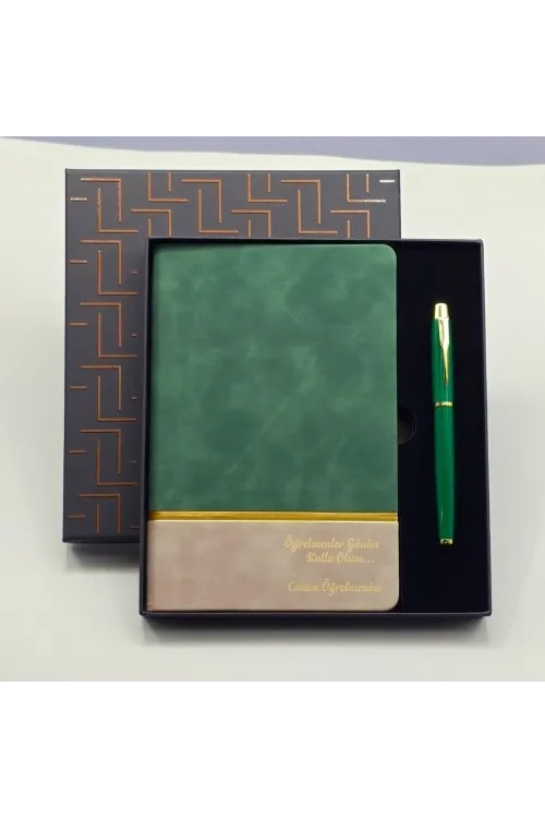 Yeşil Şeritli Defter Ve Yeşil Metal Kalem Set