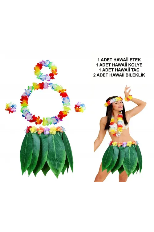 Yetişkin Hawaii Kostüm Seti - Yaprak Etek  Hawaii Set - 5 Parça