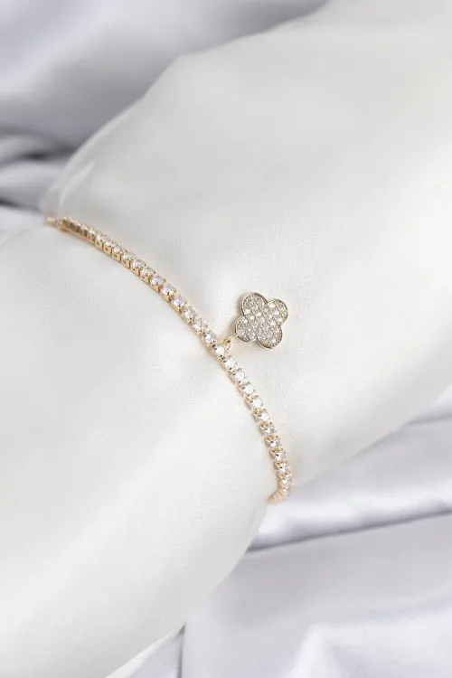 ietaks™ Yonca Model Zirkon Taşlı Gold Renk Asansörlü Su Yolu Bileklik