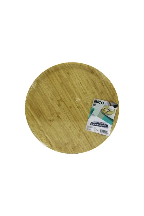 Yuvarlak=38cm Ahşap Bambu Servis Sunum Tepsi - Tahtası
