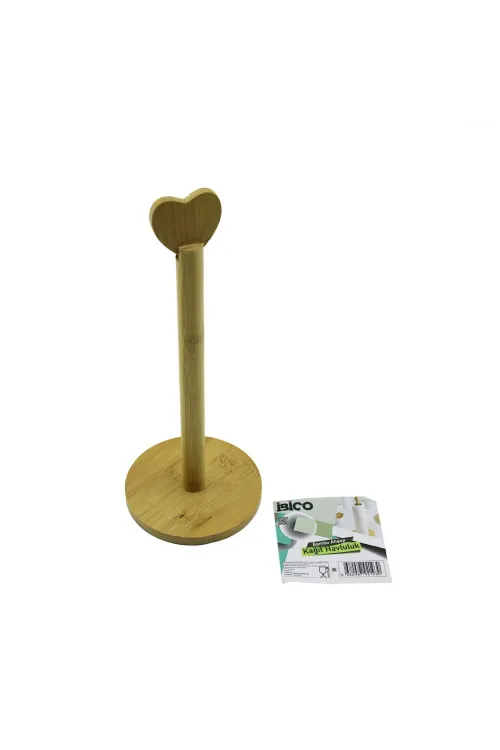 Yuvarlak Altlık - Çap=12cm Ahşap Bambu Kağıt Havluluk Kalp Başlı Sap=28.5cm