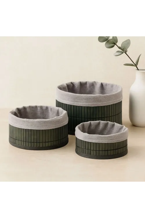 Yuvarlak Bambu Kenarlı Organizer Sepet (Gri, Ahşap Tabanlı)