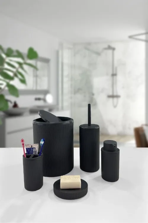 Yuvarlak Siyah 5 Parça Banyo Seti Çöp Kovası Fırça Sabunluk Diş Fırçalık Aksesuar