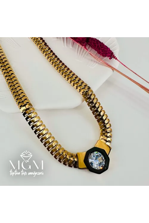 Zirkon Taşlı Çelik Çelik Kolye 40+5 Cm - Kl0194