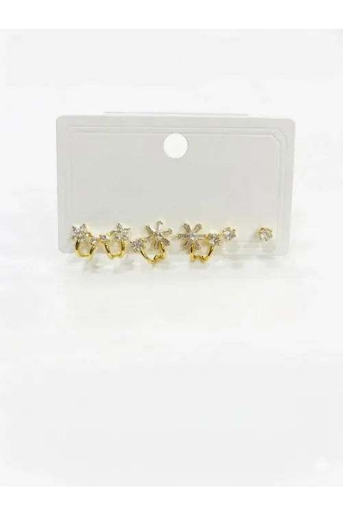   Zirkon Taşlı Pirinç Altılı  Kombin Küpe - Kp00568