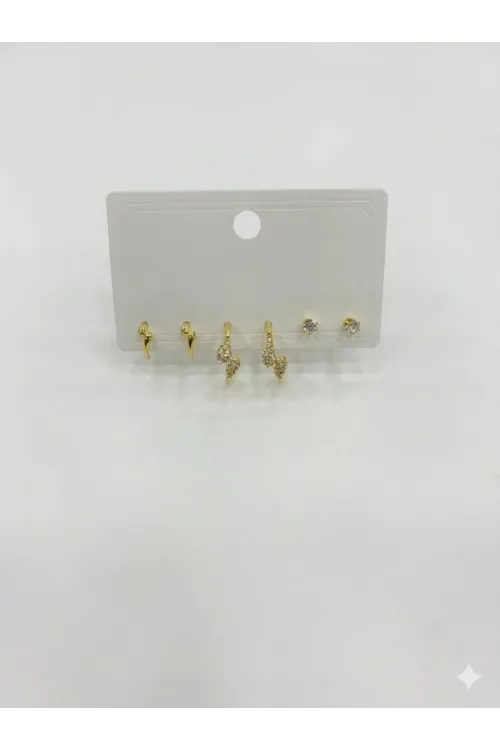   Zirkon Taşlı Pirinç Altılı  Kombin Küpe - Kp00582