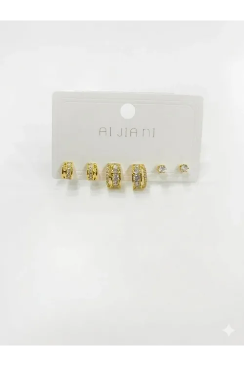   Zirkon Taşlı Pirinç Altılı  Kombin Küpe - Kp00586