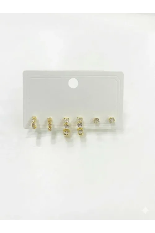   Zirkon Taşlı Pirinç Altılı  Kombin Küpe - Kp00615