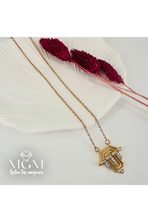 Zirkon Taşlı Uç : Pirinç Çelik Kolye 40+5 Cm - Kl0192