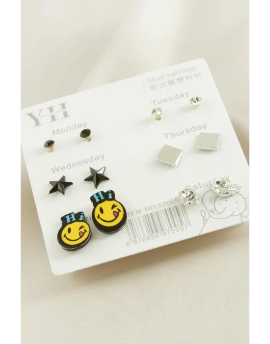 12 Adet Emoji Metal Taşlı Küpe