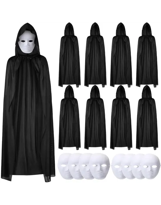 120 Cm Siyah Kapüşonlu Pelerin Ve Boyanabilir Karton Maske 8’li Set