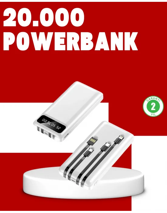 20.000mah Pd Powerbank Led Işık Lcd Ekran Dahili Kablo Çoklu Giriş
