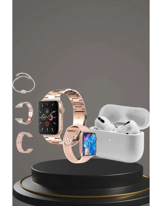 3 Kordonlu Pembe Amoled Ekran Akıllı Saat Ve Yeni Nesil Pro Kablosuz Bluetooth Kulaklık Anc/enc