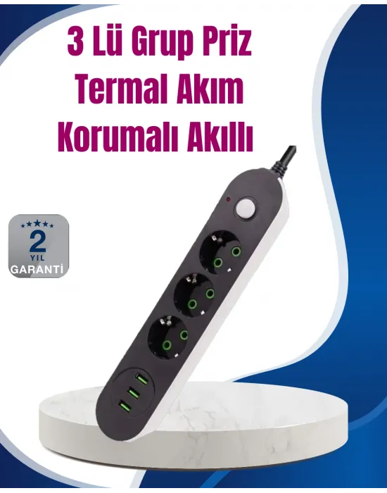 3 Usb Çıkışlı Hızlı Şarjlı Anahtarlı Üçlü Priz