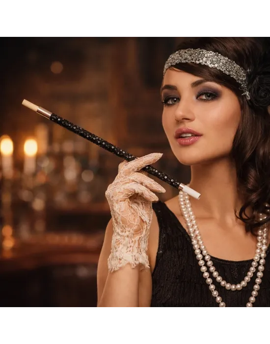 30 Cm Siyah Payetli  Tutacağı – 1920’ler Gatsby Parti Aksesuarı