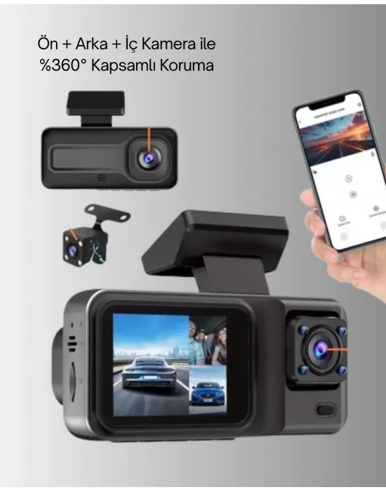 360° Kapsama Sahip Full Hd Araç Kamerası 3’lü Kayıt Gece Görüşlü Dashcam