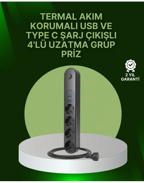 4 Priz 2 Usb 1 Type-c Akım Korumalı Çoklu Priz Led Anahtarlı