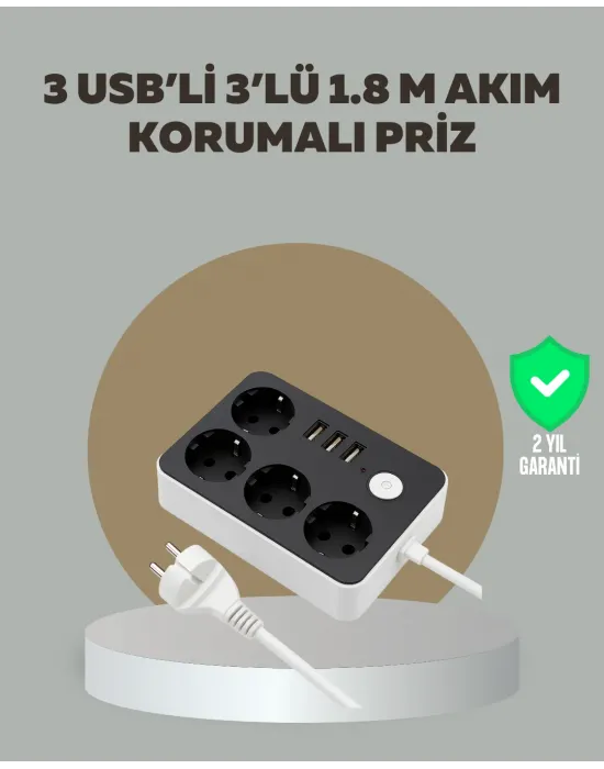4 Prizli 3 Usb Portlu Anahtarlı Akım Korumalı Priz
