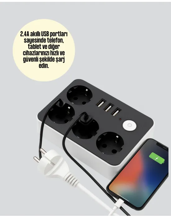 4 Prizli 3 Usb Portlu Anahtarlı Akım Korumalı Priz