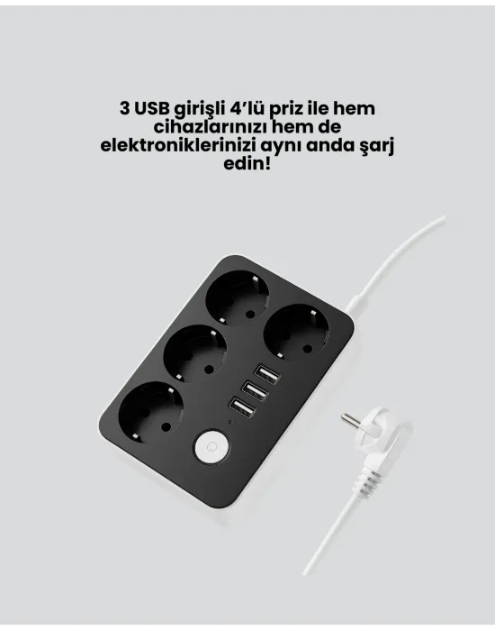 4.1a Hızlı Şarjlı Akım Korumalı 4 Priz Ve 3 Usb Çıkışlı Priz