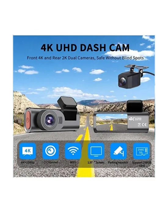 4k Wifi Çift Kameralı Araç Kamerası Gece Görüşlü G-sensörlü Dash Cam 170 Derece