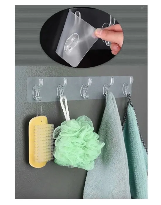 5li Kendinden Yapışkanlı Güçlü Şeffaf Askılık - Kapı Arkası Mutfak Duvar Banyo Askı