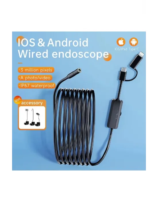 5 Metre Endoskop Yılan Video Kamera Ios Ve Android Uyumlu Led’li 8 Mm Sert Kablo 2mp