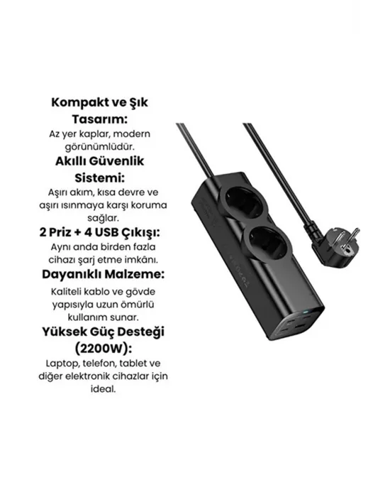 67w Hızlı Şarjlı Akıllı Çoklu Priz – 2000w Güç, 2 Usb-c + 2 Usb-a Çıkışlı, Telefon & Laptop Uyumlu
