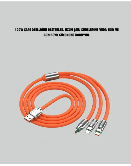120 w Şarj Ve Veri Aktarımı Kablo– 3 Başlıklı Çok Amaçlı Kablo Yüksek Hızlı