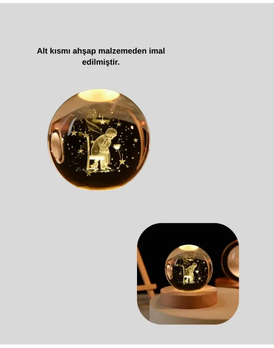 8 Cm Küçük Prens Cam Küre Usb Işıklı Ahşap Tabanlı Dekor