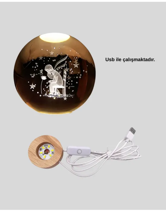 8 Cm Küçük Prens Cam Küre Usb Işıklı Ahşap Tabanlı Dekor