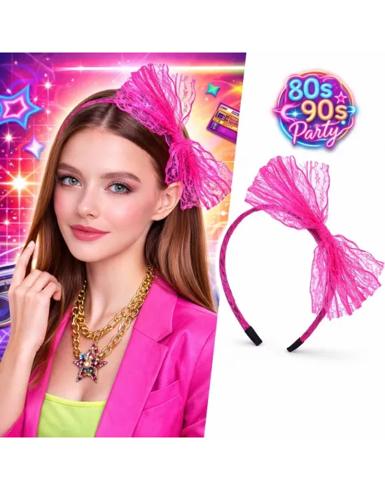 80’ler 90’lar Neon Pembe Dantel Taç Fiyonklu