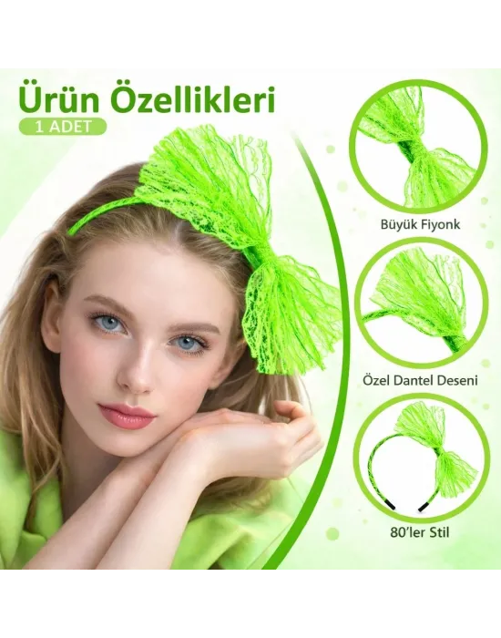 80’ler 90’lar Neon Yeşil Dantel Taç Fiyonklu