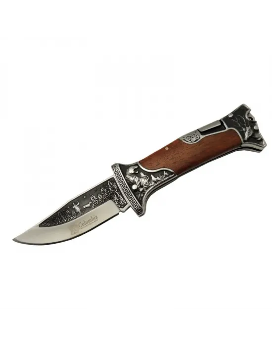 A3188-2 Geyik Desenli Outdoor Çakı 23 Cm - İşlemeli Ahşap Saplı, Perçinli, Deri Kılıflı