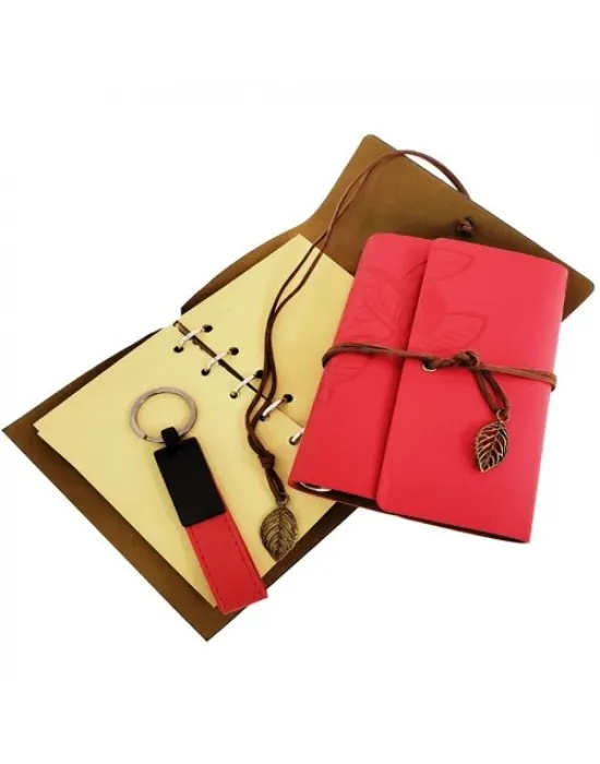 Ahşap Kutulu Kırmızı Deri Defter ve Anahtarlık Set
